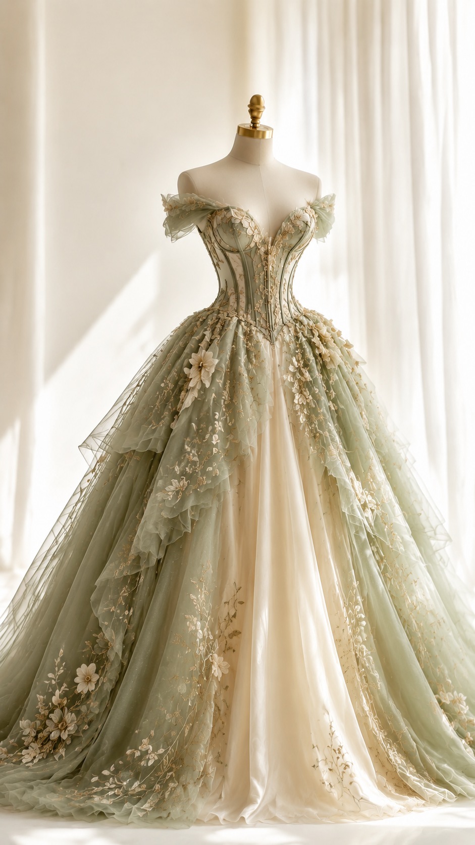 Wunderschönes schulterfreies Ballkleid Quinceañera Kleid Tüll-Applikation Langes Ballkleid Grün Sweet 16 Kleid DP05600
