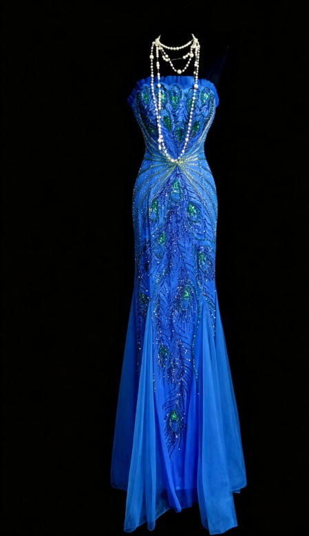 Magnifique Robe de Soirée Longue en Mousseline de Soie sans Bretelles Perles Fourreau Robe de Bal Bleue DP05603