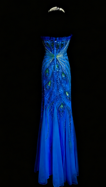 Magnifique Robe de Soirée Longue en Mousseline de Soie sans Bretelles Perles Fourreau Robe de Bal Bleue DP05603