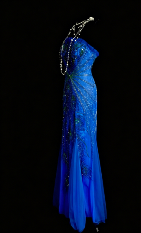 Magnifique Robe de Soirée Longue en Mousseline de Soie sans Bretelles Perles Fourreau Robe de Bal Bleue DP05603
