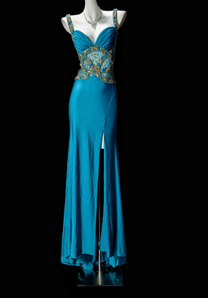 Wunderschönes, perlenbesetztes langes Abendkleid aus Chiffon mit Trägern in Türkis, Ballkleid DP05604