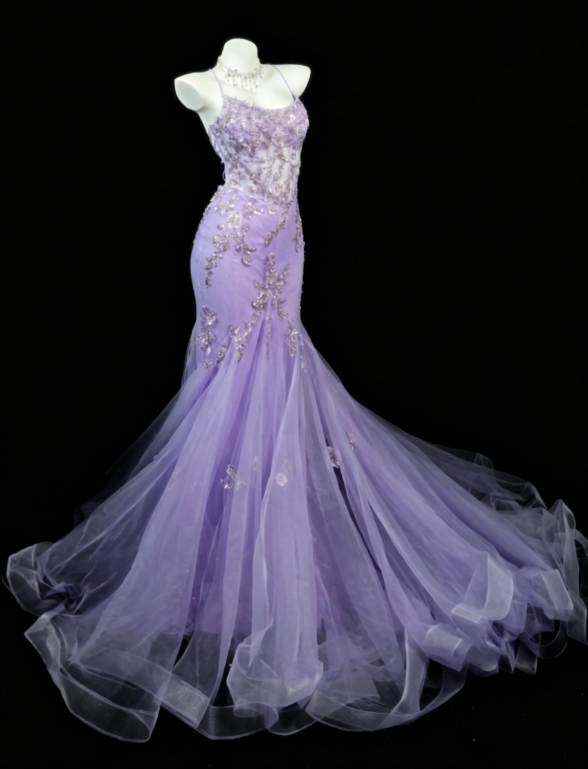 Wunderschönes langes Abendkleid mit Spaghettiträgern, Meerjungfrauen-Silhouette und Tüll-Applikationen, lila Ballkleid DP05605
