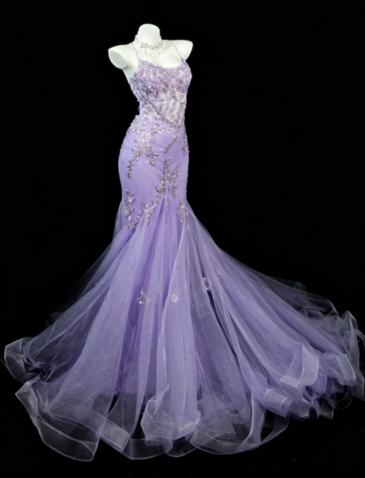 Wunderschönes langes Abendkleid mit Spaghettiträgern, Meerjungfrauen-Silhouette und Tüll-Applikationen, lila Ballkleid DP05605