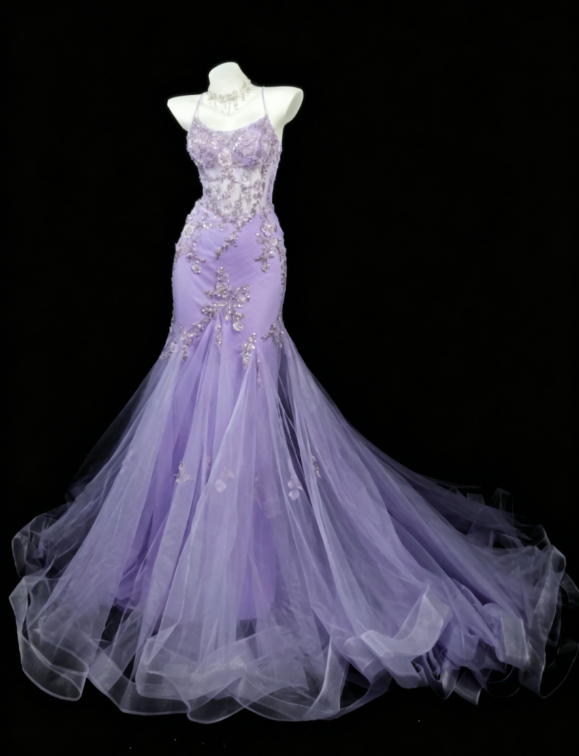 Wunderschönes langes Abendkleid mit Spaghettiträgern, Meerjungfrauen-Silhouette und Tüll-Applikationen, lila Ballkleid DP05605