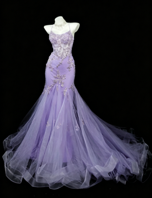 Wunderschönes langes Abendkleid mit Spaghettiträgern, Meerjungfrauen-Silhouette und Tüll-Applikationen, lila Ballkleid DP05605