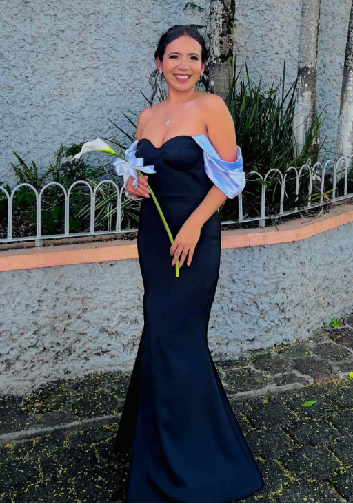 Magnifique robe de soirée longue sirène en satin à épaules dénudées noire, robe d'invitée de mariage DP05608