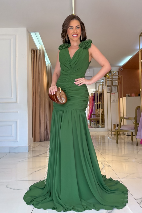 Wunderschönes, langes Abendkleid aus Chiffon mit V-Ausschnitt, figurbetontem Schnitt, Grün, Hochzeitsgastkleid DP05609