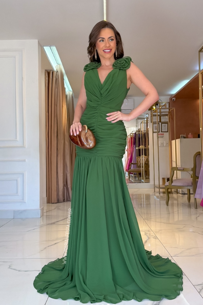 Wunderschönes, langes Abendkleid aus Chiffon mit V-Ausschnitt, figurbetontem Schnitt, Grün, Hochzeitsgastkleid DP05609