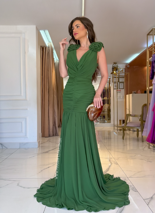 Wunderschönes, langes Abendkleid aus Chiffon mit V-Ausschnitt, figurbetontem Schnitt, Grün, Hochzeitsgastkleid DP05609
