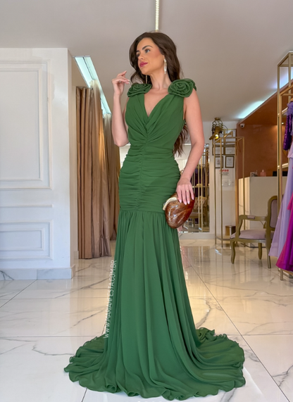Wunderschönes, langes Abendkleid aus Chiffon mit V-Ausschnitt, figurbetontem Schnitt, Grün, Hochzeitsgastkleid DP05609