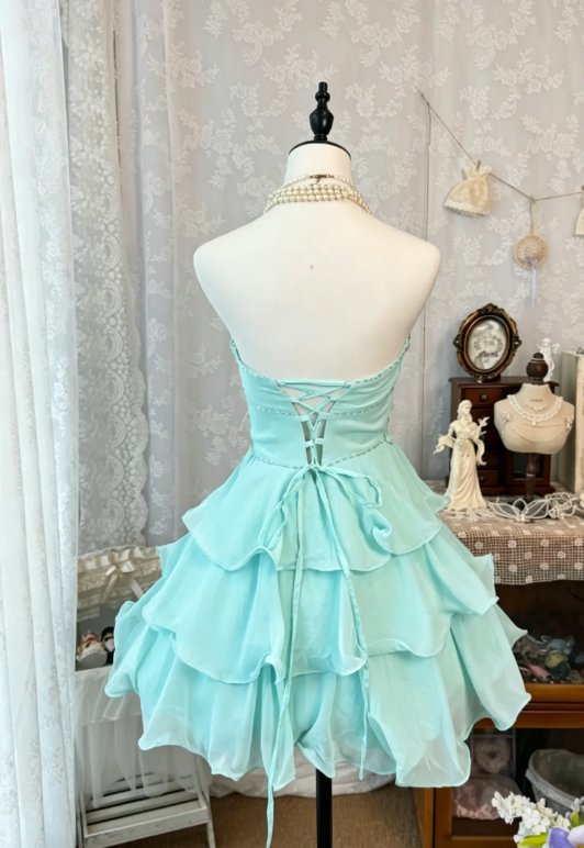 Robe d'anniversaire chic avec encolure en cœur, robe de cocktail trapèze en mousseline, robe de soirée de remise des diplômes vert menthe DP05613
