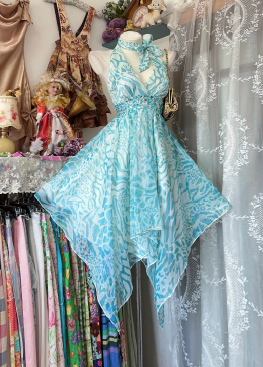 Élégante robe d'anniversaire à col américain, robe de cocktail en mousseline de soie coupe A, robe de soirée de remise des diplômes bleue DP05615