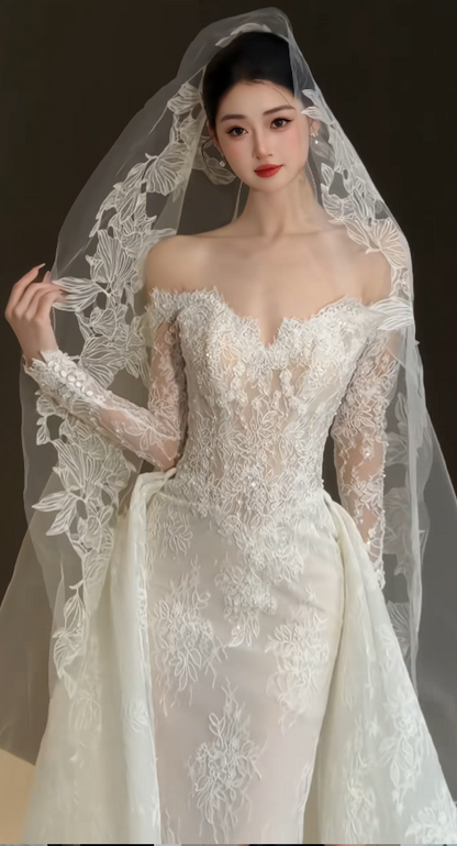 Timeless Off-shoulder Sheath Wedding Dress Appliques Lace Bridal Dress White Bridal Gown DP05620