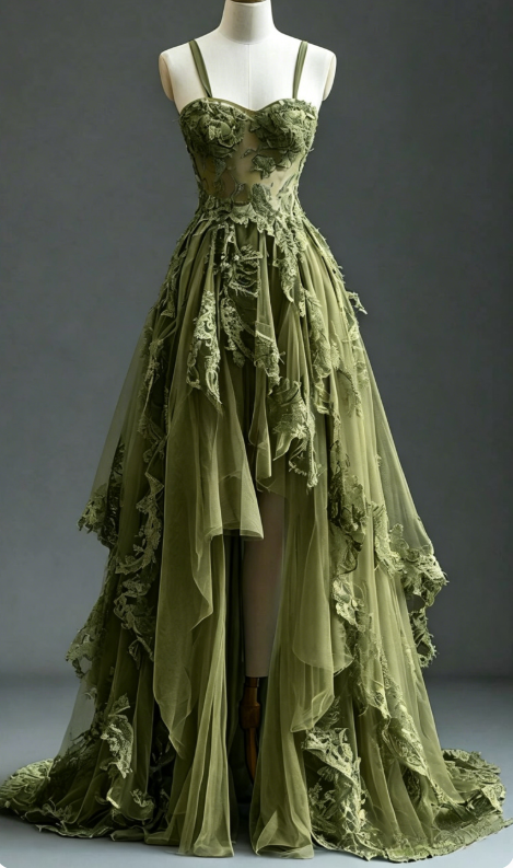 Elegantes Spaghettiträger A-Linien-Tüll-Applikations-Abendkleid Olivgrünes Ballkleid DP05622