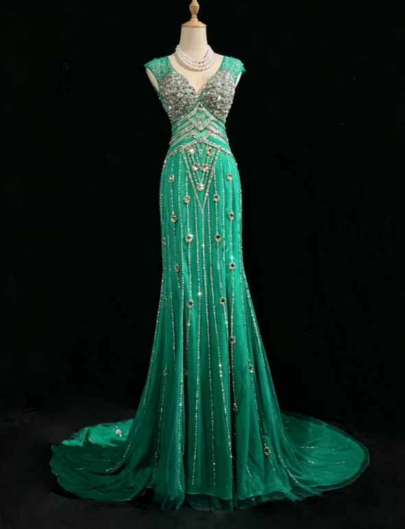 Wunderschönes V-Ausschnitt Etui Chiffon Perlen Langes Abendkleid Grünes Ballkleid DP05627
