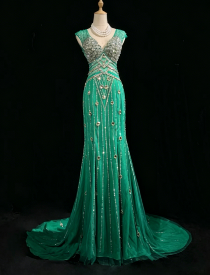 Wunderschönes V-Ausschnitt Etui Chiffon Perlen Langes Abendkleid Grünes Ballkleid DP05627