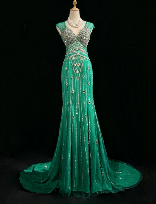 Wunderschönes V-Ausschnitt Etui Chiffon Perlen Langes Abendkleid Grünes Ballkleid DP05627