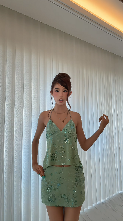 Superbes bretelles Robe d'anniversaire Fourreau Satin Perlé Courte Robe de Soirée Robe de Bal Verte DP05629