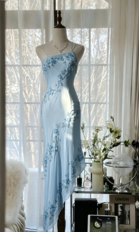 Chic Spaghetti Straps Sheath Chiffon Beaded Long Evening Dress Pale Blue Prom Dress DP0563