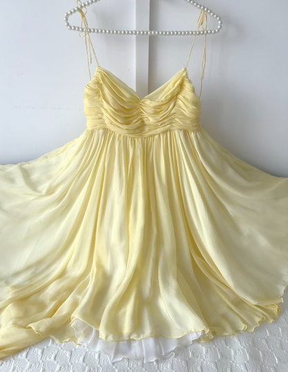 Gorgeous Spaghetti Straps Birthday Dress Sheath Chiffon Beaded Short  Cocktail Dress Yellow Short Prom Dress DP05630