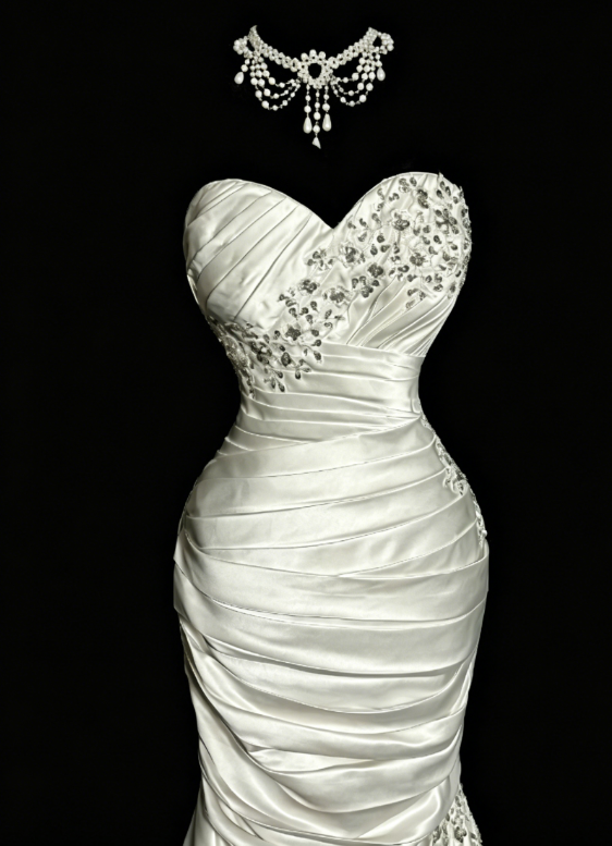 Schickes Sweetheart Meerjungfrauen-Abendkleid aus Satin mit Perlen, Weißes Ballkleid DP05632