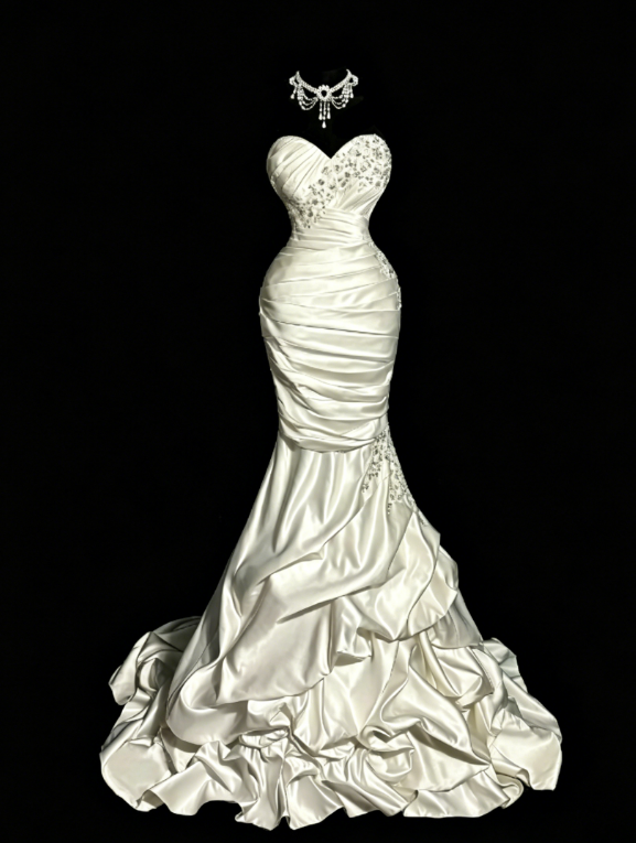 Schickes Sweetheart Meerjungfrauen-Abendkleid aus Satin mit Perlen, Weißes Ballkleid DP05632