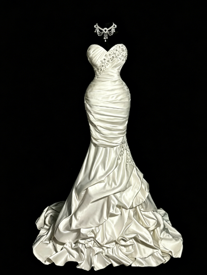 Schickes Sweetheart Meerjungfrauen-Abendkleid aus Satin mit Perlen, Weißes Ballkleid DP05632
