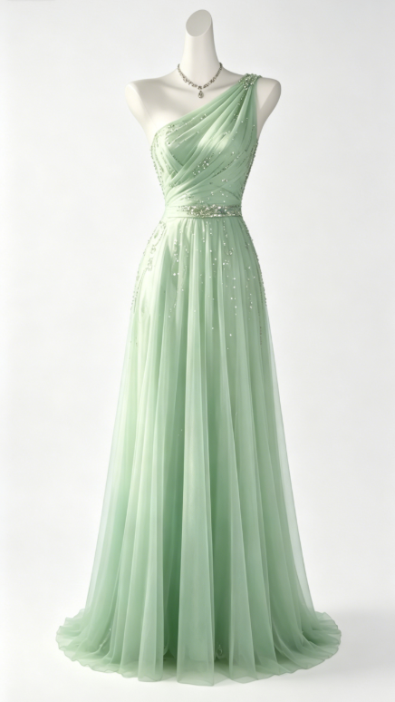Chic One-shoulder Sheath Tulle Long Evening Dress Green Prom Dress DP05633