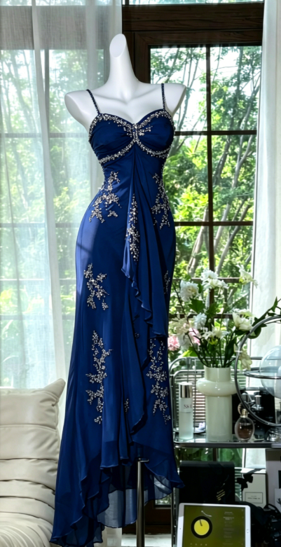 Chic Spaghetti Straps Sheath Beaded Chiffon Long Evening Dress Blue Prom Dress DP05634