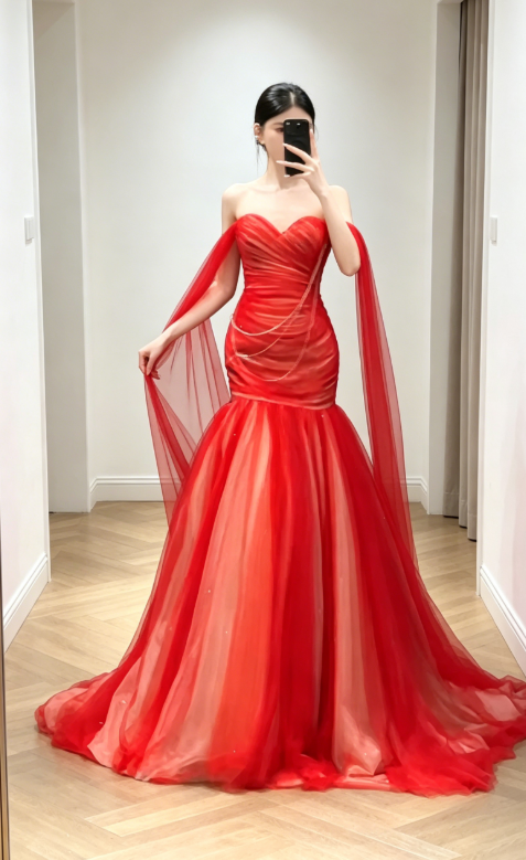 Elegantes schulterfreies Etui-Abendkleid aus Tüll, rotes Ballkleid DP05636