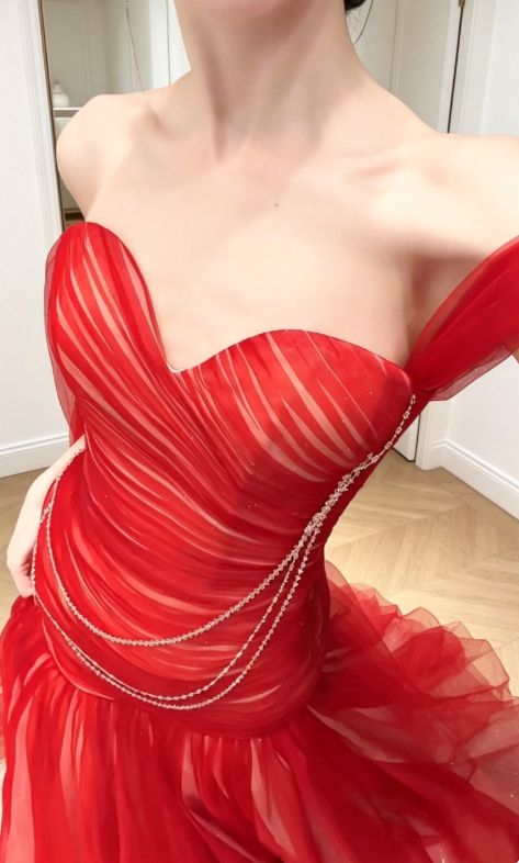 Elegantes schulterfreies Etui-Abendkleid aus Tüll, rotes Ballkleid DP05636