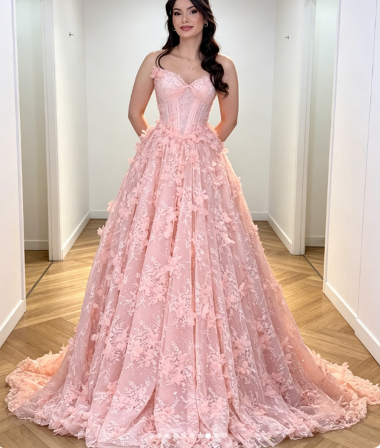 Elegantes Sweetheart A-Linie Tüll Applikation Langes Abendkleid Rosa Ballkleid DP05638