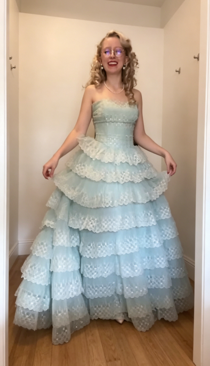 Elegantes trägerloses A-Linien Tüll langes Abendkleid Tiffany Blau Ballkleid DP05641