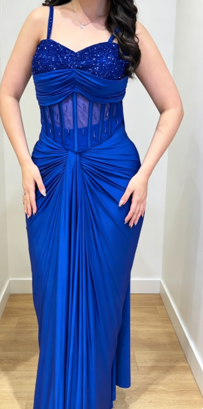 Elegantes, figurbetontes Satin-Abendkleid mit Spaghettiträgern, lang, Königsblau, Ballkleid DP05642
