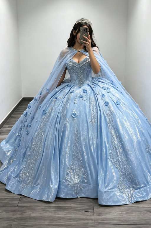 Wunderschönes Schatz-Ballkleid Quinceanera-Kleid Satin-Applikation Langes Geburtstags-Kleid Hellblaues Sweet 16 Kleid DP05644