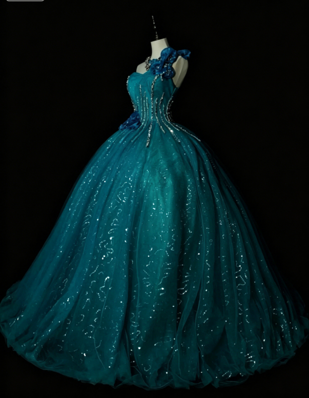 Magnifique robe de bal asymétrique Quinceañera en tulle et paillettes, longue robe d'anniversaire bleue, robe Sweet 16 DP05645