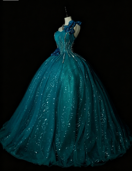 Wunderschönes, schulterfreies Ballkleid Quinceanera Tüll Pailletten Langes Geburtstagskleid Blau Sweet 16 Kleid DP05645