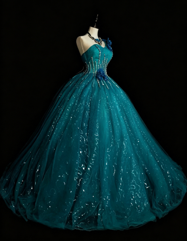Magnifique robe de bal asymétrique Quinceañera en tulle et paillettes, longue robe d'anniversaire bleue, robe Sweet 16 DP05645