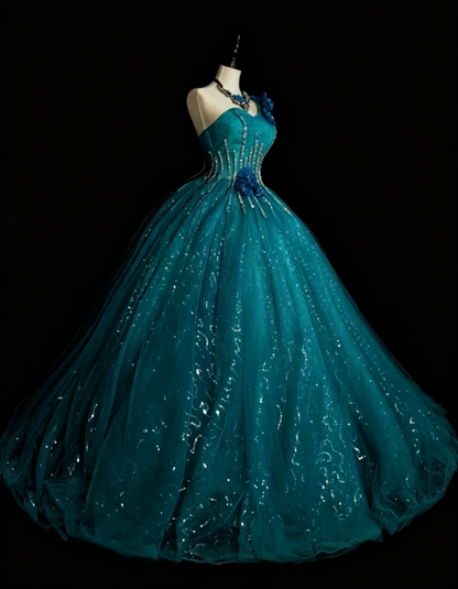 Magnifique robe de bal asymétrique Quinceañera en tulle et paillettes, longue robe d'anniversaire bleue, robe Sweet 16 DP05645