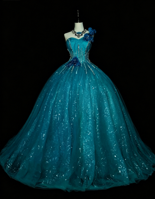 Wunderschönes, schulterfreies Ballkleid Quinceanera Tüll Pailletten Langes Geburtstagskleid Blau Sweet 16 Kleid DP05645