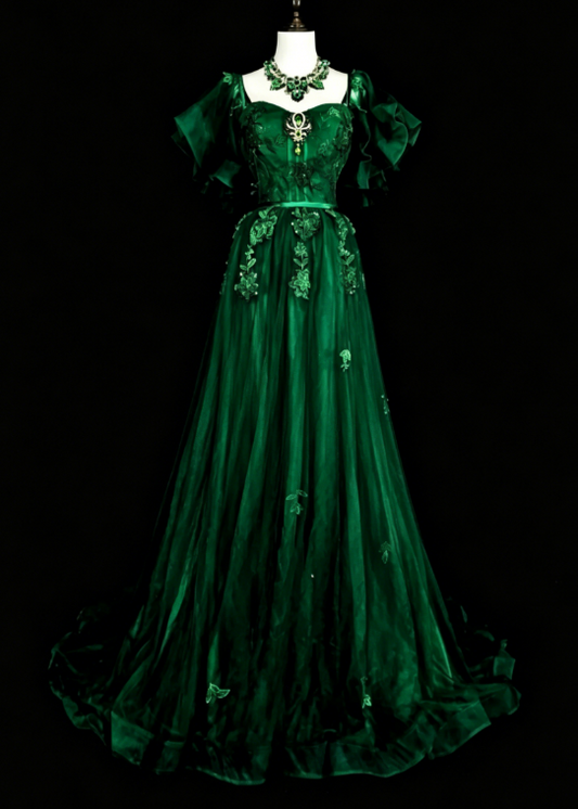 Wunderschönes A-Linien Quinceañera Kleid Tüll Applikationen Langes Grünes Sweet 16 Kleid DP05646