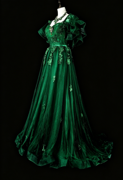 Wunderschönes A-Linien Quinceañera Kleid Tüll Applikationen Langes Grünes Sweet 16 Kleid DP05646