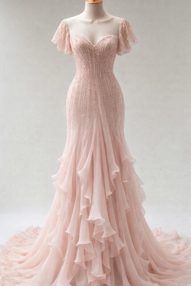 Longue Robe de Bal Rose Chic en Mousseline Perlée, Robe de Soirée Fourreau Longue DP05647