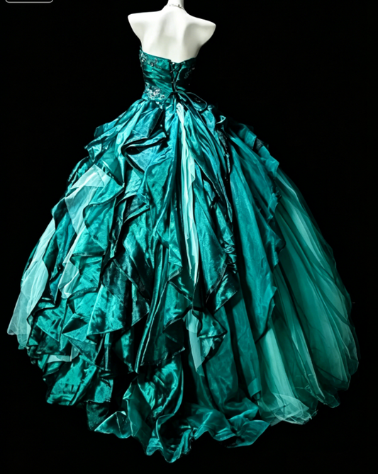 Magnifique Robe de Quinceañera Bustier Coupe Princesse en Tulle Appliqué Longue Turquoise Robe de Soirée Douce 16 Ans DP05648