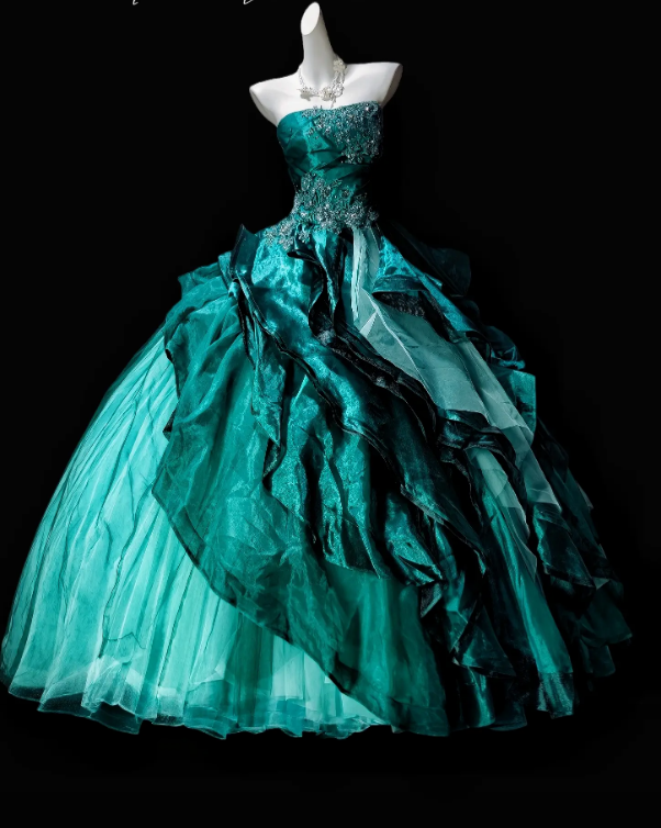 Magnifique Robe de Quinceañera Bustier Coupe Princesse en Tulle Appliqué Longue Turquoise Robe de Soirée Douce 16 Ans DP05648