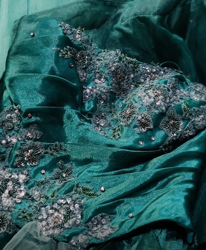 Magnifique Robe de Quinceañera Bustier Coupe Princesse en Tulle Appliqué Longue Turquoise Robe de Soirée Douce 16 Ans DP05648
