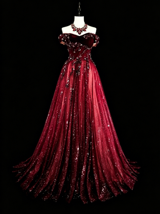 Magnifique robe de quinceañera trapèze à épaules dénudées en tulle et sequins, longue bordeaux, robe de bal DP05649