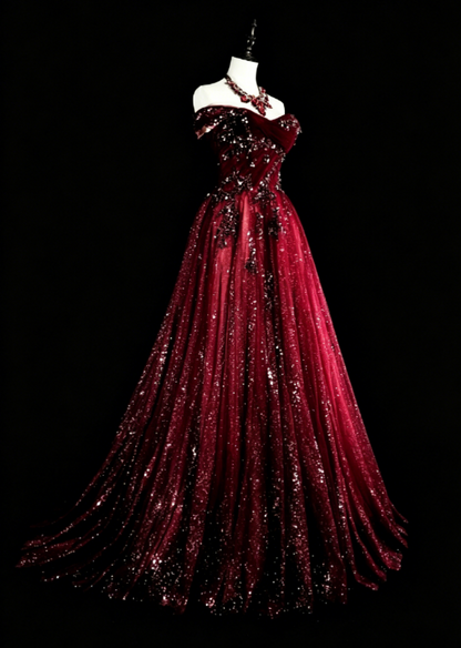 Gorgeous Off-shoulder A-Line Quinceanera Dress Tulle Sequins Long Burgundy Sweet 16 Dress  DP05649