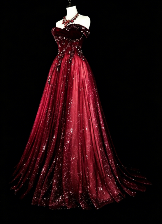 Gorgeous Off-shoulder A-Line Quinceanera Dress Tulle Sequins Long Burgundy Sweet 16 Dress  DP05649