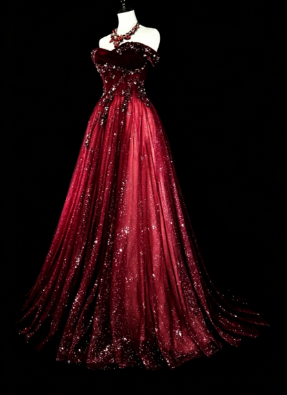 Gorgeous Off-shoulder A-Line Quinceanera Dress Tulle Sequins Long Burgundy Sweet 16 Dress  DP05649